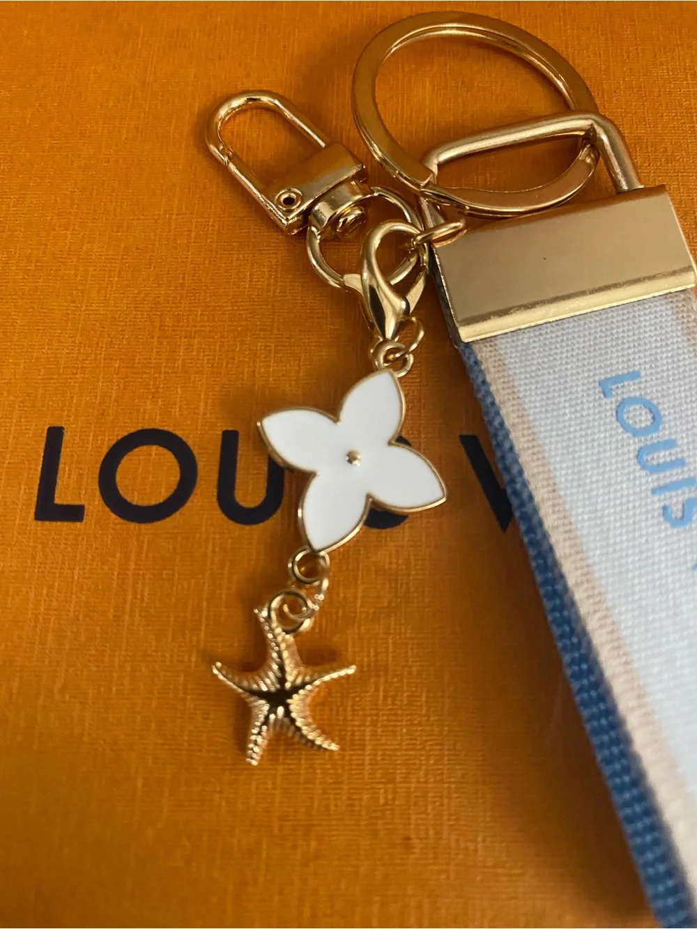 Louis Vuitton White and Light Blue Ribbon Keyring with Gold Hardware